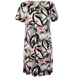   Nelli lefelé bővülő, karcsúsított fazonú, absztrakt mintás, rövidujjú, viszkóz anyagból készült, környakú, térd alá érő, csinos nyári ruha- fekete, korall, krém szín