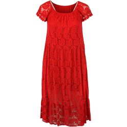   Tiszta csipke hosszú ruha, lefelé bővülő fazonú, gumírozott vállra húzható, környakú alkalmi olasz csipke ruha, pamut béléssel- piros