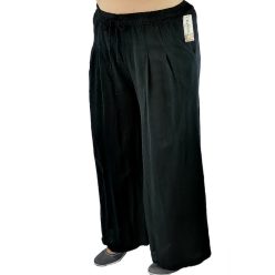   Rakott elejű, bőszárú gumis derekú, molett len nyári nadrág zsebekkel- fekete