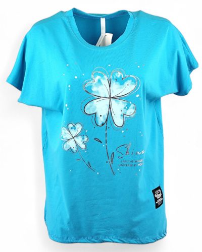 Fehér virággal díszített elejű, pamut anyagból készült, madzaggal behúzható aljú, rövid ujjú, fiatalos olasz tunika- kék