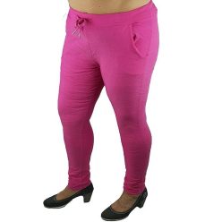   Egyszínű, sima, lefelé szűkülő szárú, magas gumis derekú, zsebes, fiatalos olasz nyári hosszú sztreccs nadrág- pink