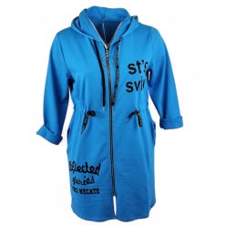   Húzott derekú, hosszú  egyenes fazonú, kapucnis, zsebes, cipzáras olasz pamut kardigán, fehér felirattal- kék