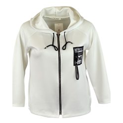   Egyenes fazonú, kapucnis, rövidebb állású, puntó kardigán fekete bőr táblával az elején- fehér