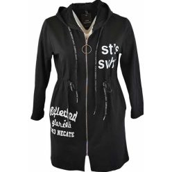   Húzott derekú, hosszú  egyenes fazonú, kapucnis, zsebes, cipzáras olasz pamut kardigán, fehér felirattal- fekete