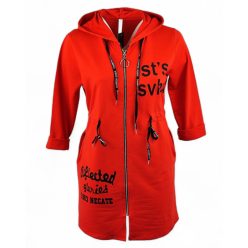   Húzott derekú, hosszú fazonú, kapucnis, zsebes, cipzáras olasz pamut kardigán, fehér felirattal- piros