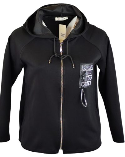 Egyenes fazonú, kapucnis, rövidebb állású, puntó kardigán fekete bőr táblával az elején- fekete