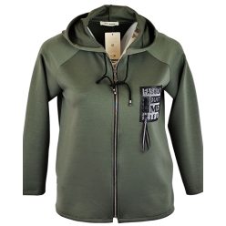   Egyenes fazonú, kapucnis, rövidebb állású, puntó kardigán fekete bőr táblával az elején- keki zöld