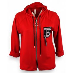   Egyenes fazonú, kapucnis, rövidebb állású, puntó kardigán fekete bőr táblával az elején- piros