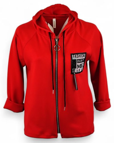 Egyenes fazonú, kapucnis, rövidebb állású, puntó kardigán fekete bőr táblával az elején- piros