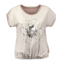   Nagy ezüst virággal díszített, hátul sima egyszínű pamut anyagból készült, rövid ujjú, környakú, fiatalos olasz felsőrész, alul gumírozott- púder szín, ezüst