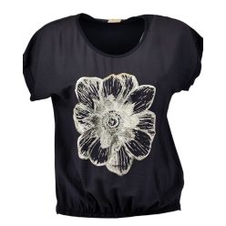   Nagy ezüst virággal díszített, hátul sima egyszínű pamut anyagból készült, rövid ujjú, környakú, fiatalos olasz felsőrész, alul gumírozott- fekete, ezüst