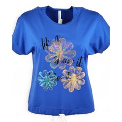   Három csillogós virágfejjel díszített, környakú, rövid ujjú, viszkóz anyagból készült, fiatalos felsőrész, húzható zsinórral az alján- királykék