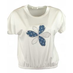   Farmeros, csillogós virágfejjel díszített elejű, környakú, rövid ujjú, viszkóz anyagból készült, gumírozott aljú, fiatalos felsőrész- fehér