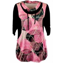   Antónia karcsúsító szabású, hosszított fazonú, rövidujjú, zsebes, viszkóz pink fekete absztrak mintás anyagból készült, körgalléros környakú fiatalos molett lengyel tunika- fekete, pink, barna                    