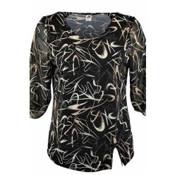   Maggi 3/4-es muszlin ujjú, környakú, szalag mintás viszkóz anyagból készült molett lengyel tunika- fekete, drapp, barna