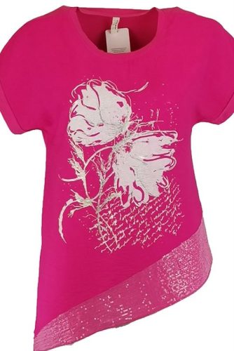 Aszimmetrikus flitteres aljú, oldalra megköthető, rövidujjú, környakú, olasz felsőrész fehér virágokkal az elején- pink, fehér
