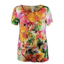   Ilona hosszított karcsúsított fazonú, zsebes, rövidujjú, környakú, rugalmas viszkóz anyagú, nagy színes pálmalevél mintás lengyel fiatalos tunika- narancssárga, zöld, rózsaszín