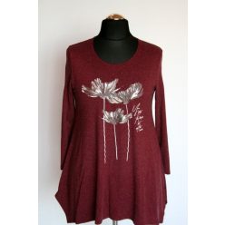   Helen vastagabb anyagú, egyszínű, A-vonalú, környakú, hosszú ujjú, fiatalos lengyel tunika, virágokkal az elején- bordó, fehér