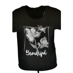   Virágos elejű felső beautiful felirattal, hátul sima egyszínű pamut anyagból készült, rövidujjú, környakú, fiatalos olasz felsőrész, alul meghúzható zsinórral- fekete, fehér