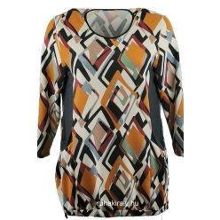   Antónia egyenes fazonú, környakú, hosszú ujjú, zsebes, kétoldalt fekete karcsúsító hatású betétekkel készült, színes mintás kötött anyagú fiatalos lengyel tunika- fekete, sárga, krém szín