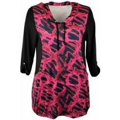   Antónia karcsúsító szabású, hosszított fazonú, 3/4-es ujjú, zsebes, viszkóz anyagból készült, elején pink zsinór mintás, körgalléros környakú fiatalos molett lengyel tunika- fekete, pink