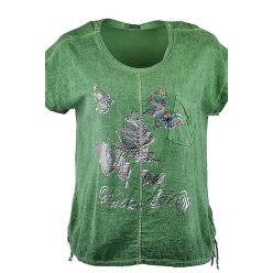   Fényes pillangó mintás, rövidebb egyenes fazonú, egyszínű, oldalt fűzős, környakú, rövidujjú, pamut-len anyagból készült fiatalos olasz tunika- zöld