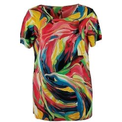   Ilona hosszított karcsúsított fazonú, zsebes, rövidujjú, környakú, rugalmas viszkóz anyagú, nagy élénk színes folt mintás lengyel fiatalos tunika- piros, sárga, kék, zöld