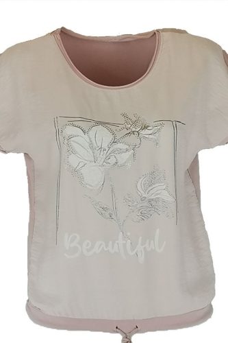 Virágos elejű felső beautiful felirattal, hátul sima egyszínű pamut anyagból készült, rövidujjú, környakú, fiatalos olasz felsőrész, alul meghúzható zsinórral- halvány púder, fehér