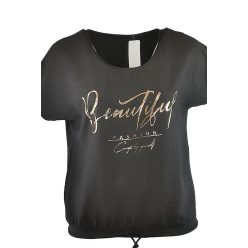  Beautiful arany feliratos elejű, hátul sima pamut anyagból készült, környakú, rövidujjú, fiatalos olasz felsőrész,  alul meghúzható zsinórral- fekete, arany