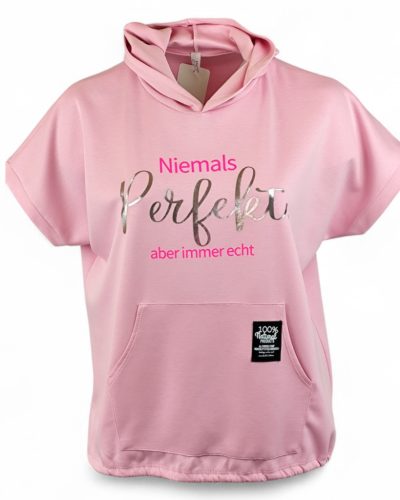 Feliratos, kenguru zsebes, kapucnis, rövid ujjú, viszkóz anyagból készült, fiatalos, sportos, olasz tunika- rózsaszín