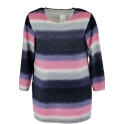   Kötött széles csíkos anyagból készült, hosszított egyenes fazonú, zsebes, hosszú ujjú, környakú,  Ilona fiatalos molett lengyel tunika- sötétkék, szürke, rózsaszín