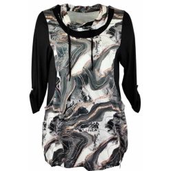   Antónia karcsúsító szabású, hosszított fazonú, 3/4-es ujjú, zsebes, viszkóz anyagból készült, elején szörke-arany márvány mintás, körgalléros környakú fiatalos molett lengyel tunika- fekete, szürke, arany