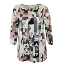   Kötött világos kocka mintás anyagból készült, hosszított egyenes fazonú, hosszú ujjú, környakú,  Ilona fiatalos molett lengyel tunika- drapp, barna, púder szín