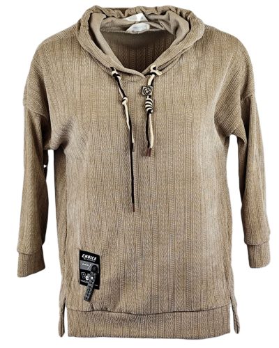 Egyenes fazonú, egyszínű magában mintás zsenília szerű puha anyagból készült, környakú, hosszú ujjú, fiatalos olasz vastagabb anyagú tunika- drapp