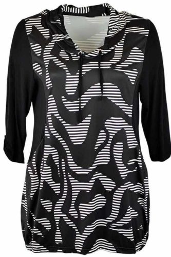 Antónia karcsúsító szabású, hosszított fazonú, 3/4-es ujjú, zsebes, viszkóz anyagból készült, eleje fekete-fehér csíkos, körgalléros környakú fiatalos molett lengyel tunika- fekete, fehér