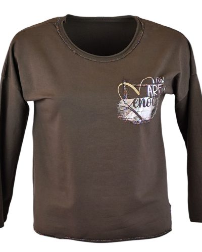 Kis ezüstös szív mintával díszített, sima pamut anyagból készült, hosszú ujjú, környakú, olasz fiatalos felsőrész- barna