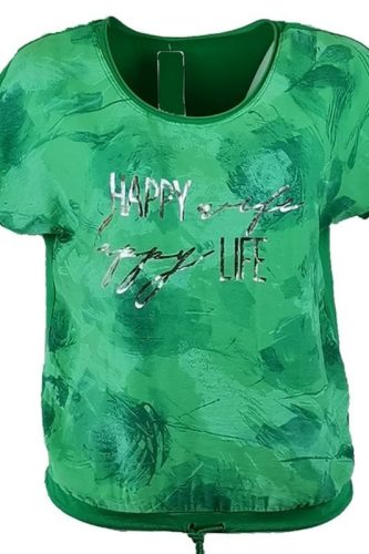 Happy ezüst feliratos, batikolt elejű, hátul sima egyszínű pamut anyagból készült, rövidujjú, környakú, fiatalos olasz felsőrész, alul meghúzható zsinórral- élénk zöld, ezüst