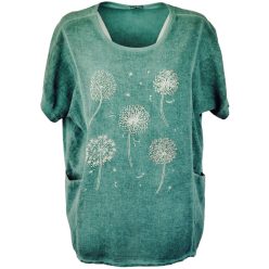   Hosszított egyenes fazonú, környakú, rövidujjú, zsebes, pamut-len anyagból készült fiatalos olasz molett tunika, pitypangokkal díszítve- türkíz zöld