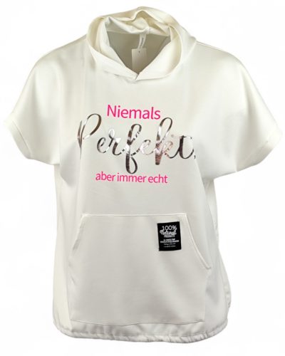 Feliratos, kenguru zsebes, kapucnis, rövid ujjú, viszkóz anyagból készült, fiatalos, sportos, olasz tunika- fehér