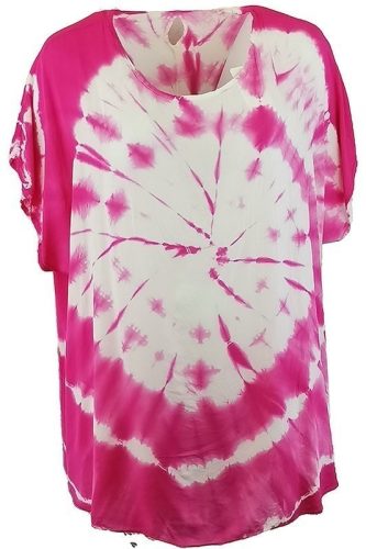 Batikolt pamut-selyem anyagból készült, hosszított bő fazonú, rövidujjú, környakú, molett olasz tunika- pink, fehér