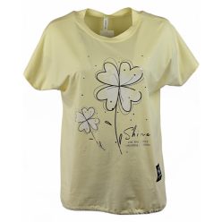   Fehér virággal díszített elejű, pamut anyagból készült, madzaggal behúzható aljú, rövid ujjú, fiatalos olasz tunika- vanília sárga