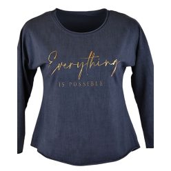   Arany feliratos elejű, hátul sima egyszínű, vastagabb pamut anyagból készült, karcsúsított, hosszú ujjú, környakú, fiatalos olasz felsőrész- sötétkék