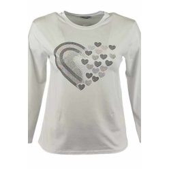   Pamut sztreccs anyagú, hosszú ujjú, környakú, fiatalos olasz felsőrész, fényes szív ezüst mintával az elején- fehér, ezüst