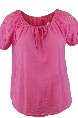Kötős nyakú, fiatalos nyári géz anyagú olasz felsőrész, rövidujja madeira anyagból készült- pink