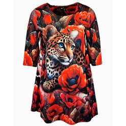   "A"-vonalú, ocelot állat mintás, puntó anyagból készült, környakú, 3/4-es ujjú, fiatalos olasz tunika- barna