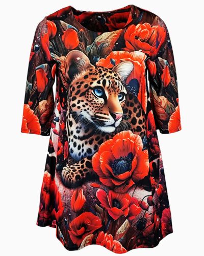 "A"-vonalú, ocelot állat mintás, puntó anyagból készült, környakú, 3/4-es ujjú, fiatalos olasz tunika- barna