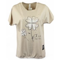   Fehér virággal díszített elejű, pamut anyagból készült, madzaggal behúzható aljú, rövid ujjú, fiatalos olasz tunika- drapp