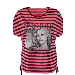   Glamour lány fej képes elejű, pink fekete csíkos, kétoldalt fűzövel összahúzható aljú, rövidujjú, környakú, fiatalos nyári olasz felsőrész- pink, fekete
