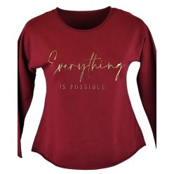   Arany feliratos elejű, hátul sima egyszínű, vastagabb pamut anyagból készült, karcsúsított, hosszú ujjú, környakú, fiatalos olasz felsőrész- bordó