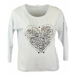   Arany szív mintával díszített elejű,  hátul sima egyszínű pamut anyagból készült, hosszú ujjú, környakú, fiatalos olasz felsőrész- fehér 